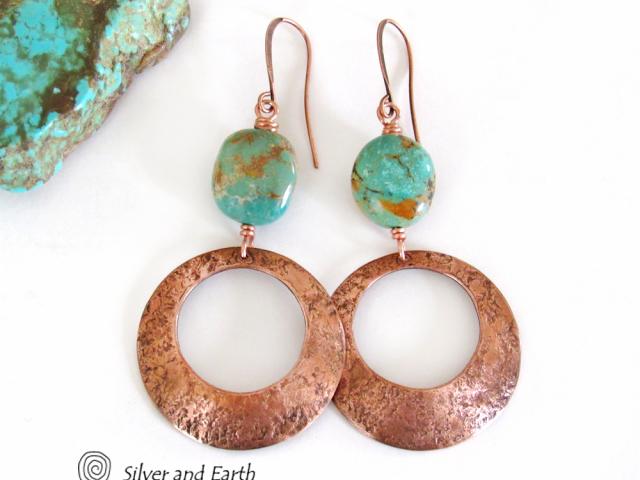 Modern Rustic Copper Hoop Dangle Earrings with Natural Turquoise Nuggets