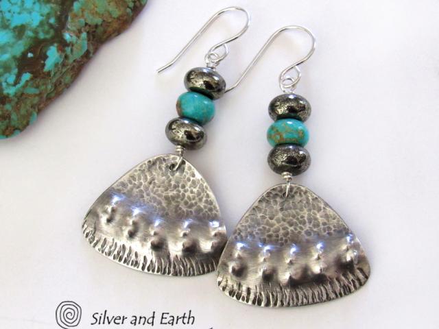 Sterling Silver Earrings with Turquoise & Pyrite - Tribal Southwest Jewelry