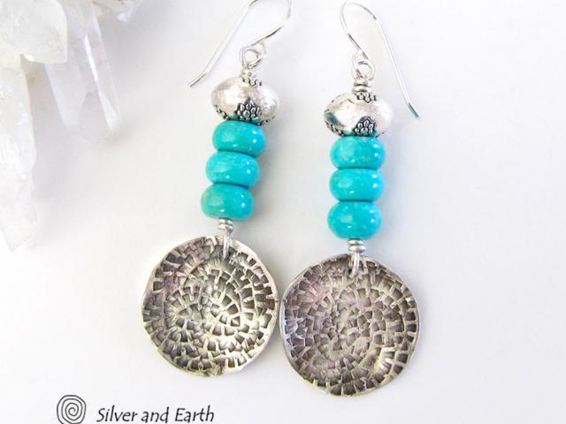 Sterling Silver Dangle Earrings with Turquoise Stones - Modern Southwest Jewelry