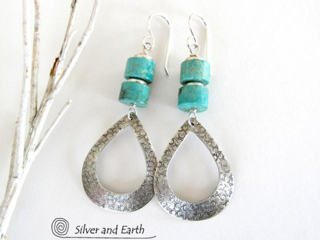 Turquoise & Sterling Silver Hoop Earrings - Chic Modern Sterling Silver Jewelry