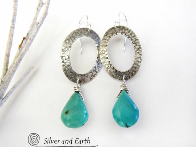 Sterling Silver Oval Hoop Dangle Earrings with Natural Turquoise Stones