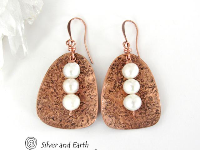 Copper Earrings with Dangling White Pearls - 7th Wedding Copper Anniversary Gift