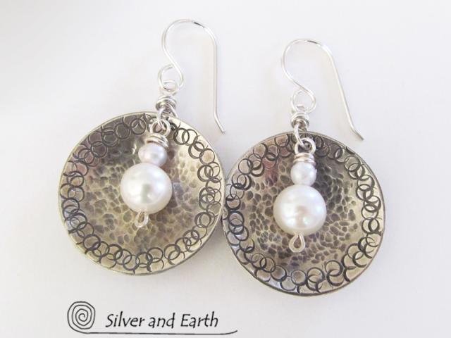 Small Sterling Silver Earrings with Dangling White Pearl - Modern Silver Jewelry