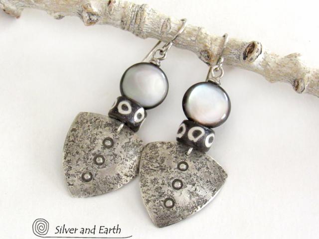 Sterling Silver Tribal Shield Earrings with Black Lip Mother-of-Pearl and African Batik Bone Beads