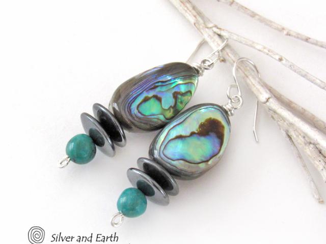 Abalone and Turquoise Beaded Dangle Earrings with Hematite Stones - Natural Abalone Shell Jewelry