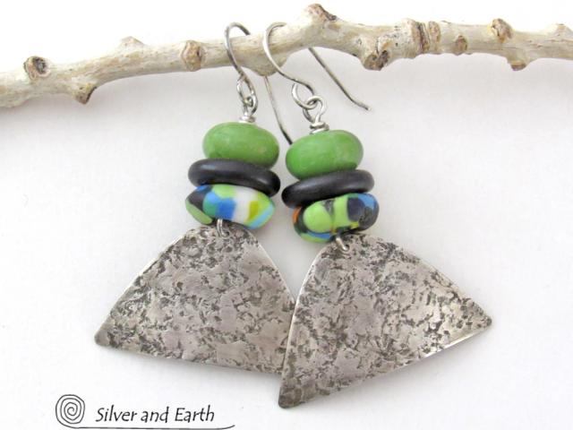 Sterling Silver Earrings with Green Serpentine Stones & Colorful African Glass Beads