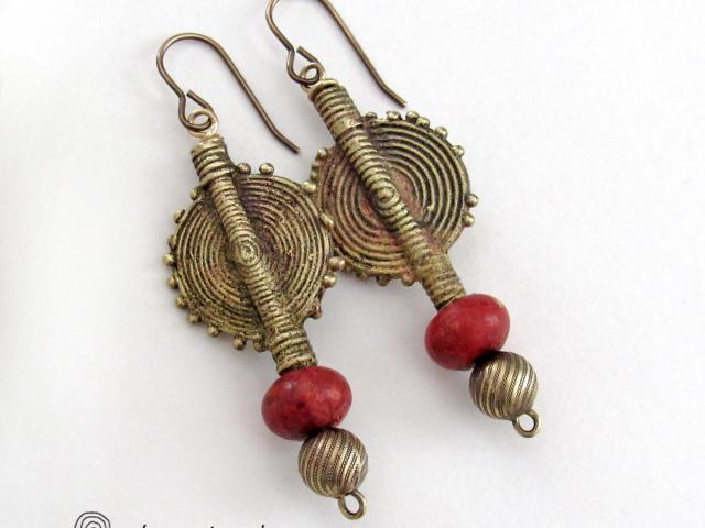 African Brass Sun Coin Earrings with Red Coral - Ethnic Cultural Tribal Afrocentric Style Fashion Jewelry