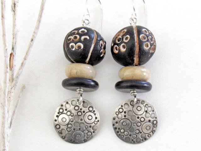 Sterling Silver Circle Earrings with Hand Stamped Texture & African Clay Beads - Unique Funky Artsy Ethnic Jewelry