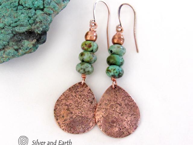 Hammered Copper Teardrop Dangle Earrings with African Turquoise Stones