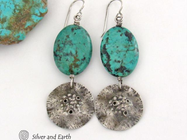 Hammered Sterling Silver Dangle Earrings with African Turquoise Stones - Handcrafted Earthy Organic Sterling Jewelry