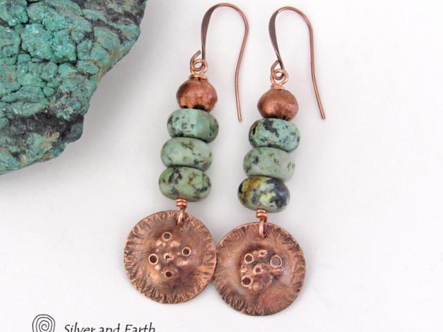 Hammered Copper Earrings with African Turquoise Stones - Modern Rustic Earthy Jewelry