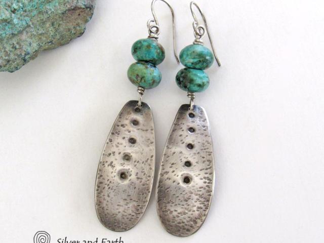 Long Hammered Sterling Silver Dangle Earrings with African Turquoise Stones
