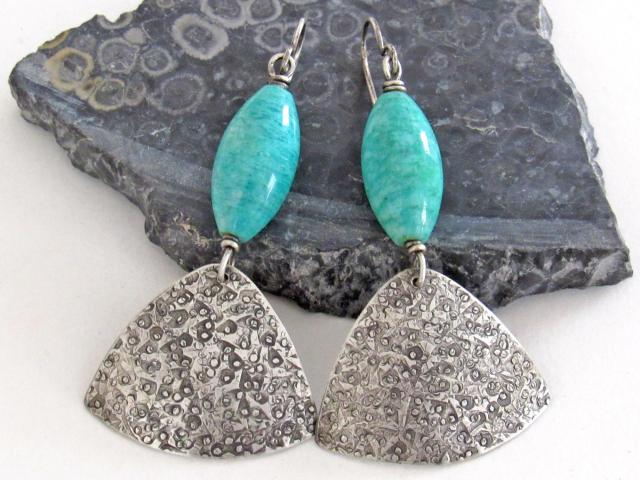 Blue Green Amazonite Gemstone Earrings with Hand Stamped Sterling Silver Dangles