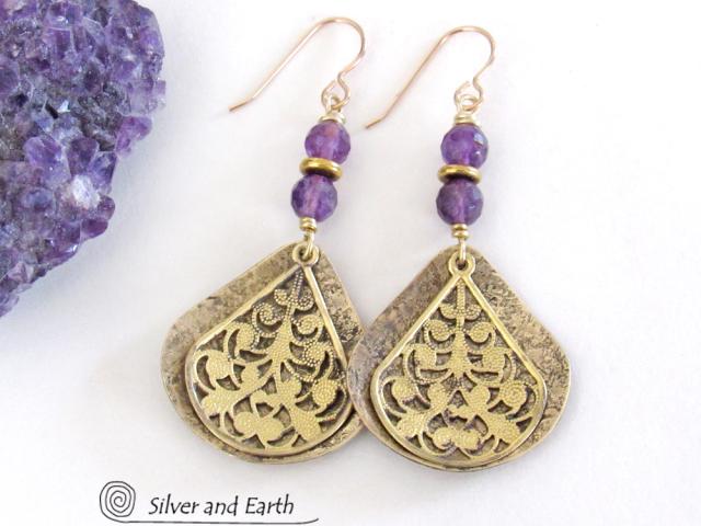 Purple Amethyst Gold Brass Dangle Earrings with Filigree Charms - February Birthstone Jewelry Gifts for Women