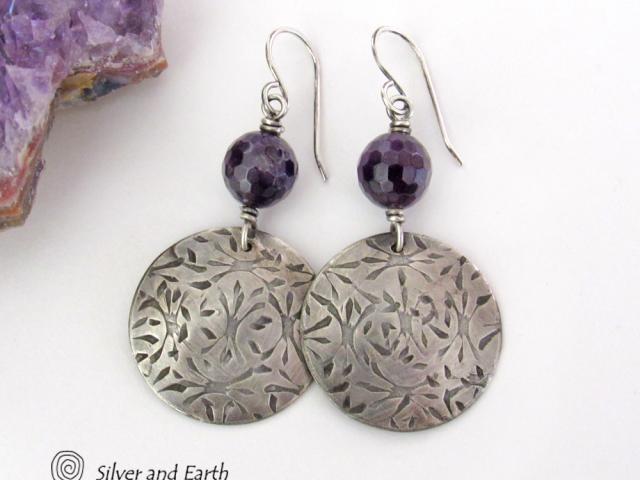 Round Sterling Silver Dangle Earrings with Faceted Amethyst Gemstones - February Birthstone Jewelry 