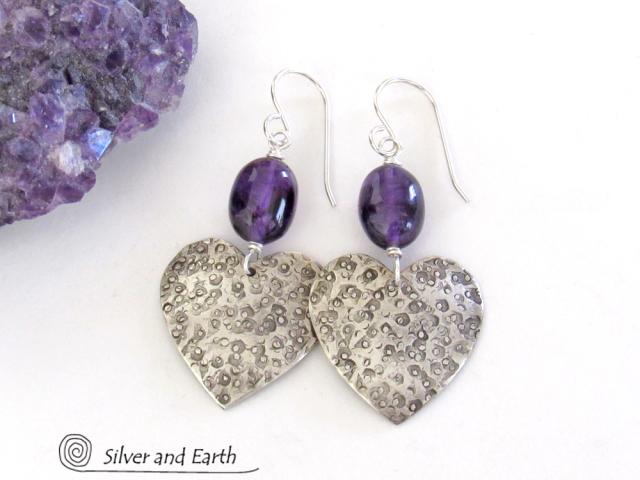 Sterling Silver Heart Earrings with Purple Amethyst Gemstones - Romantic Jewelry Gifts for Women