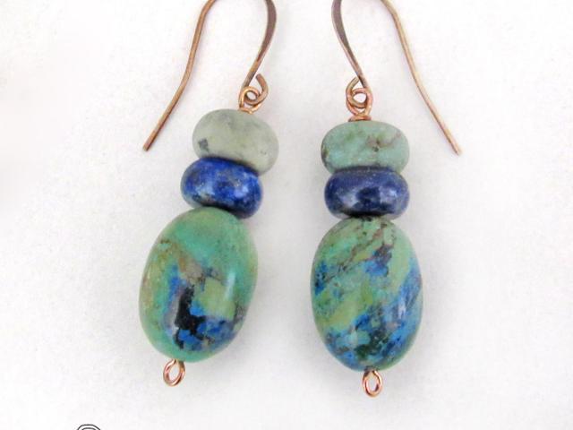 Azurite Malachite Gemstone Earrings with Blue Lapis & African Turquoise - Earthy Natural Stone Jewelry