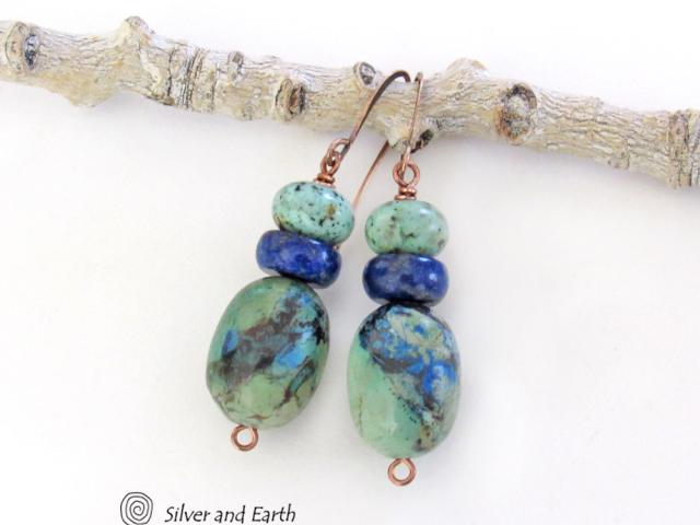 Azurite Malachite Gemstone Earrings with Blue Lapis & African Turquoise - Earthy Natural Stone Jewelry