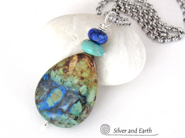 Azurite Malachite Stone Pendant Necklace - Natural Semiprecious Stone Jewelry