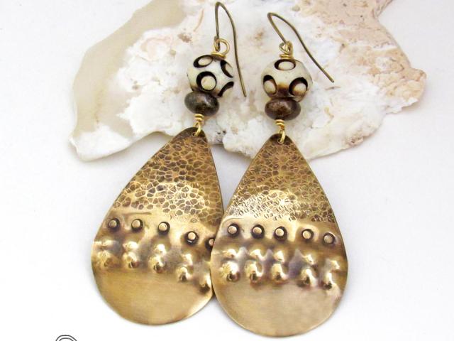 Big Bold Long Gold Brass Tribal Earrings with African Carved Bone & Brown Bronzite Stones 