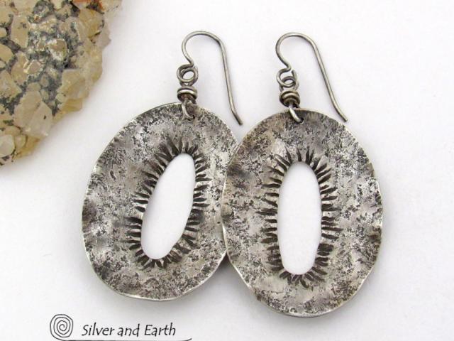 Modern Edgy Hammered Sterling Silver Earrings - Organic Earthy Sterling Silver Jewelry