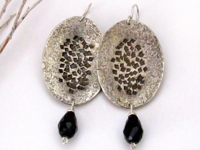 Hammered Modern Sterling Silver Earrings with Faceted Black Crystal Dangles