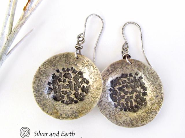Hammered Sterling Silver Earrings with Rustic Texture - Earthy Modern Silver Jewelry