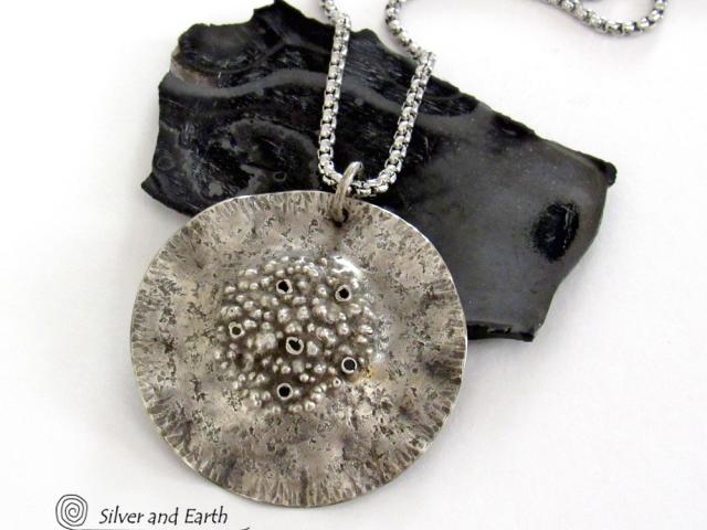 Rustic Hammered Sterling Silver Circle Pendant Necklace - Modern Earthy Organic Silver Jewelry