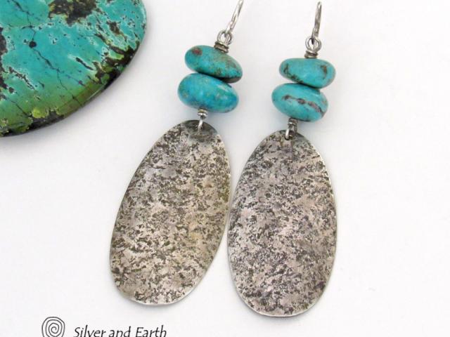 Big Long Sterling Silver & Turquoise Earrings - Handmade Artisan Sterling Silver Jewelry