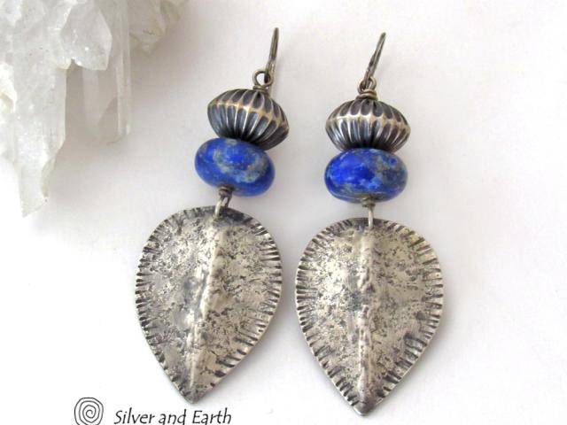 Big Bold Sterling Silver Earrings with Blue Lapis Lazuli Gemstones - Modern Southwestern Style Jewelry