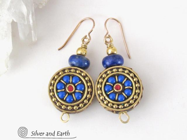Tibetan Brass Earrings with Blue Lapis and Red Coral Inlaid Beads - Bold Exotic Bohemian Style Jewelry