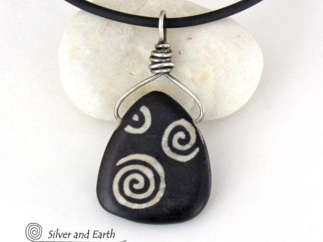 Black and White Ceramic Spiral Necklace with Sterling Silver Bail 