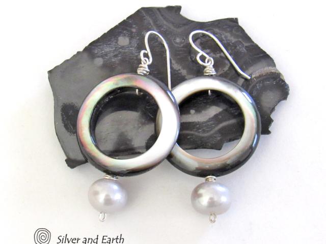 Black Lip Mother of Pearl Hoop Earrings with White Pearls & Sterling Silver
