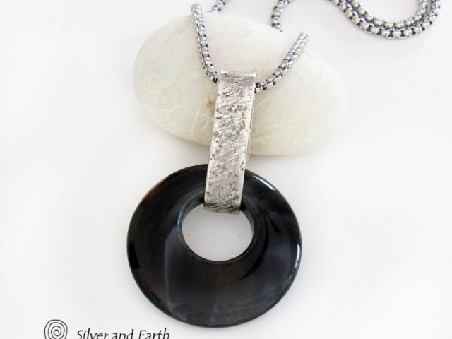 Modern Sterling Silver Necklace with Round Black Onyx Gemstone - Handmade Artisan Sterling Jewelry