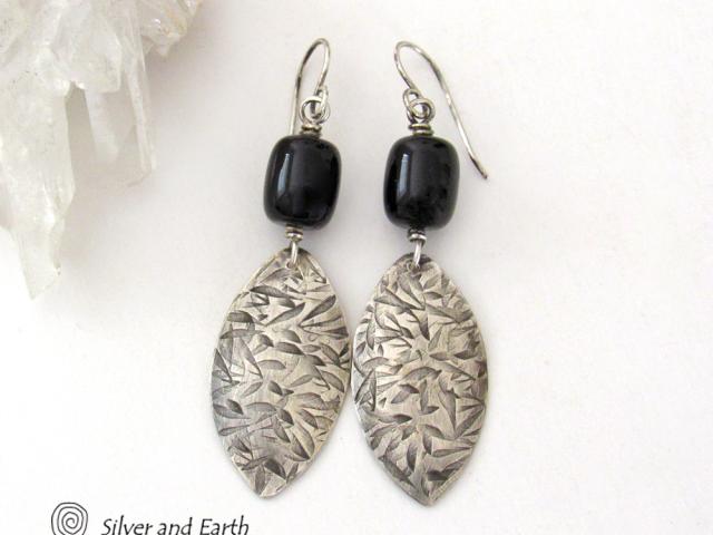 Sterling Silver Dangle Earrings with Black Onyx Gemstones - Handcrafted Modern Silver Jewelry