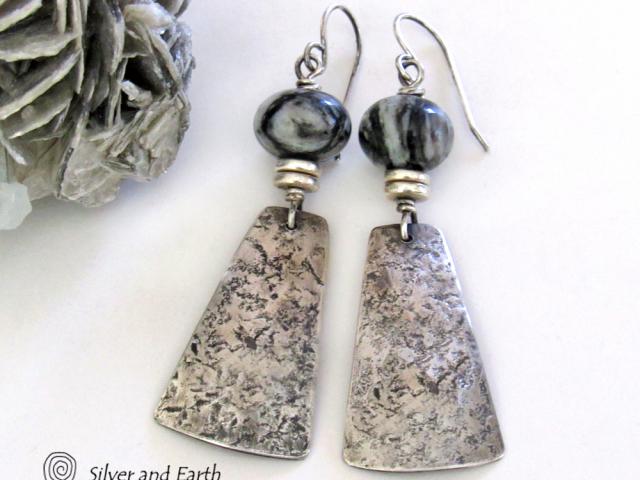 Sterling Silver Earrings with Black Web Jasper Stones - Earthy Contemporary Modern Jewelry