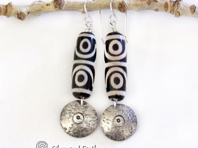 Tibetan Dzi Agate Sterling Silver Dangle Earrings with Bold Ethnic Tribal White Black Pattern