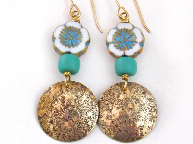 White, Turquoise Blue and Gold Glass Flower Earrings with Brass Dangles - Unique Nature Jewelry Gifts for Women