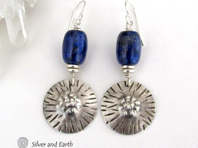 Textured Sterling Silver Earrings with Blue Lapis Lazuli Stones - Unique Handcrafted Jewelry