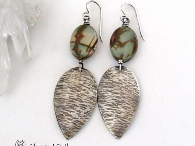 Handcrafted Long Sterling Silver Dangle Earrings with Natural Picasso Jasper Stones