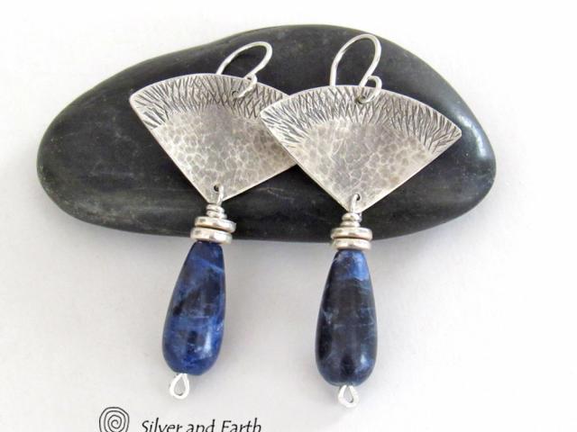 Textured Sterling Silver Earrings with Blue Sodalite Gemstones - Handcrafted Artisan Silversmith Jewelry