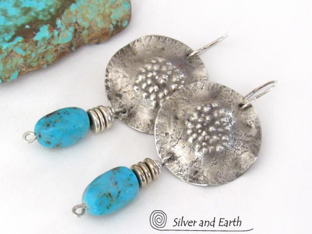 Sterling Silver Earrings with Blue American Turquoise Stones - Rustic Organic Modern Southwest Style Jewelry