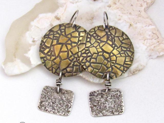 Mixed Metal Earrings with Embossed Gold Brass and Hammered Sterling Silver - Contemporary Modern Jewelry