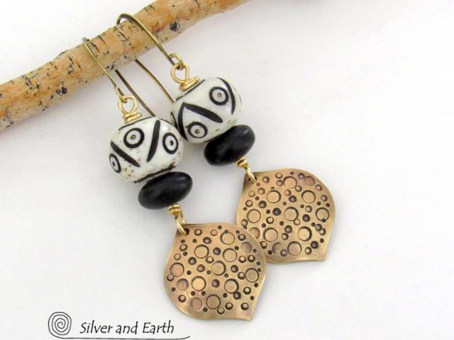 Gold Brass Earrings with African Carved Bone & Black Glass Beads - Unique Boho Style Jewelry