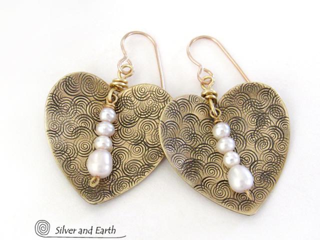 Gold Brass Heart Earrings with White Pearl Dangles - Anniversary Gifts for Women
