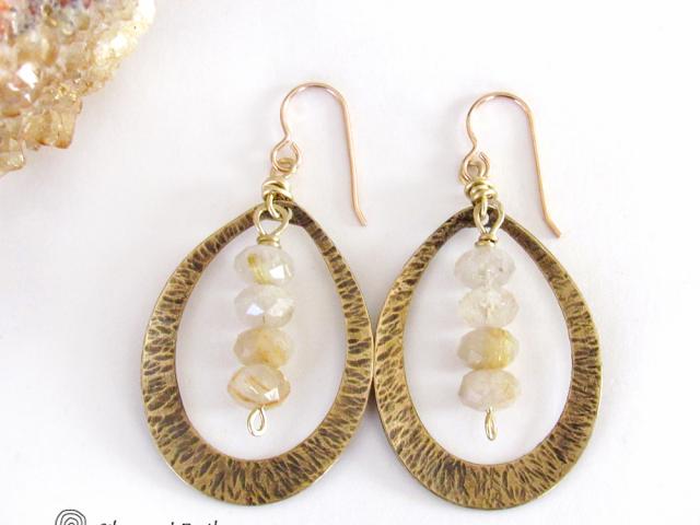 Gold Brass Hoop Earrings with Golden Rutilated Quartz Crystals -  Bold Modern Handcrafted Artisan Gemstone Jewelry