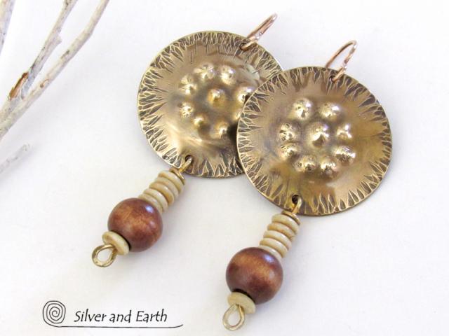 Textured Gold Brass Earrings with Wood Bead Dangles - Unique Handmade Bohemian Tribal Style Jewelry