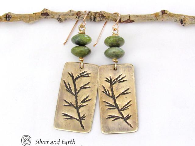 Gold Brass Earrings with Hand Stamped Twig Design & Green Serpentine Stones - Earthy Nature Inspired Jewelry