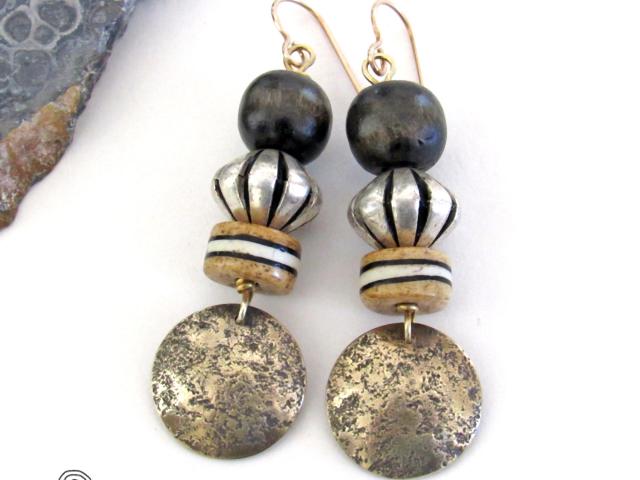 Gold Brass Earrings with African Batik Bone & Dark Brown Wood Beads - Ethnic Boho Tribal African Style Jewelry