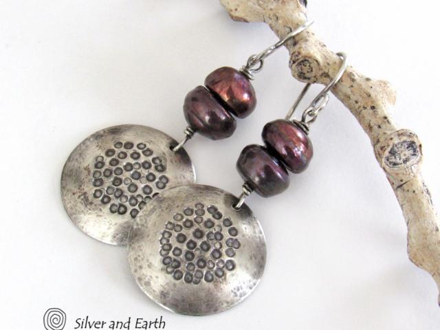 Sterling Silver Earrings with Bronze Freshwater Pearls - Earthy Modern Handmade Silver Jewelry